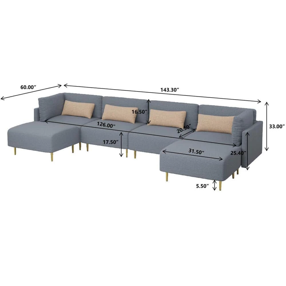 143 in. Gray Square Arm Linen U Shape Sectional Sofa with 2 Ottomans by Magic Home 4 143 in. Gray Square Arm Linen U Shape Sectional Sofa with 2 Ottomans by Magic Home - Image 3