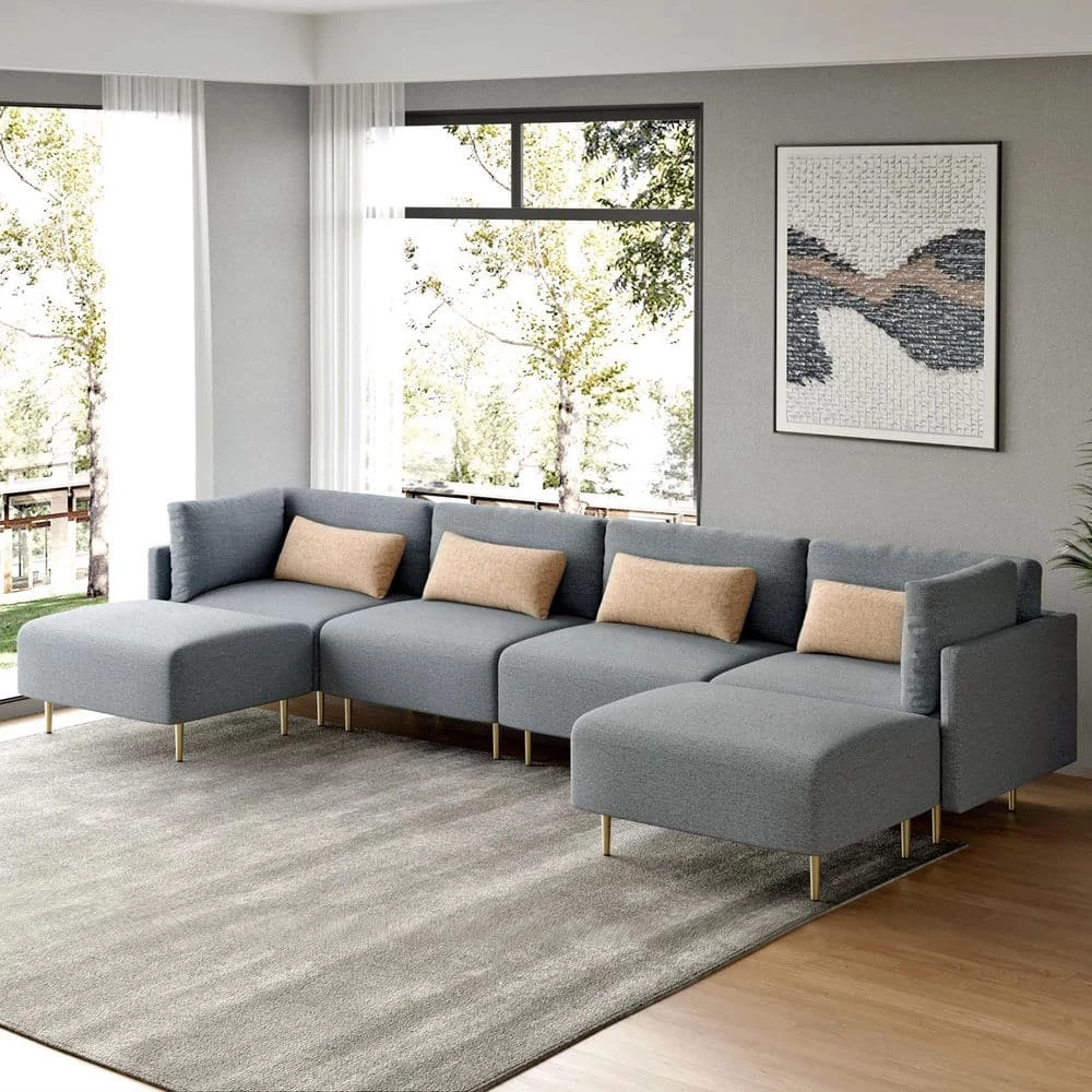 143 in. Gray Square Arm Linen U Shape Sectional Sofa with 2 Ottomans by Magic Home 3 143 in. Gray Square Arm Linen U Shape Sectional Sofa with 2 Ottomans by Magic Home - Image 2