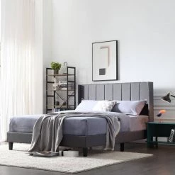 83.5 in. W Gray Wood Frame Platform Bed with Fabric Headboard by Tidoin -Cheap Tidoin Store gray tidoin platform beds jus ydw8 4525 1f 1000
