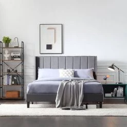 83.5 in. W Gray Wood Frame Platform Bed with Fabric Headboard by Tidoin -Cheap Tidoin Store gray tidoin platform beds jus ydw8 4525 31 1000