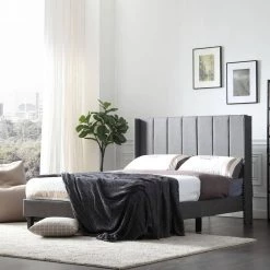 78 in. W Gray Wood Frame Platform Bed with Fabric Headboard by Tidoin -Cheap Tidoin Store gray tidoin platform beds jus ydw8 4527 1f 1000