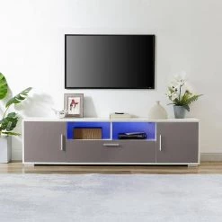 Modern 63 in. Wood Gray TV Stand with 3 Doors Fits TV's up to 65 in. with LED Light by Tidoin -Cheap Tidoin Store gray tidoin tv stands jxy ydw6s 019 31 1000