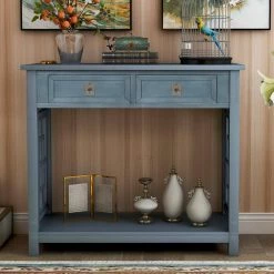 36 in. Rectangle Antique Navy Wood Console Table with 2-Drawers and Bottom Shelf by Magic Home -Cheap Tidoin Store green magic home bar cabinets cs wf193883aam 4f 1000
