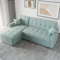 81.9 in. Green Cotton Reversible Sectional Sofa with Sleeper Queen Size Sofa Bed by Magic Home