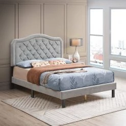 Wings Design Queen Velvet Button Tufted Upholstered Platform Bed with Wood Slat Support,Light Gray by Magic Home