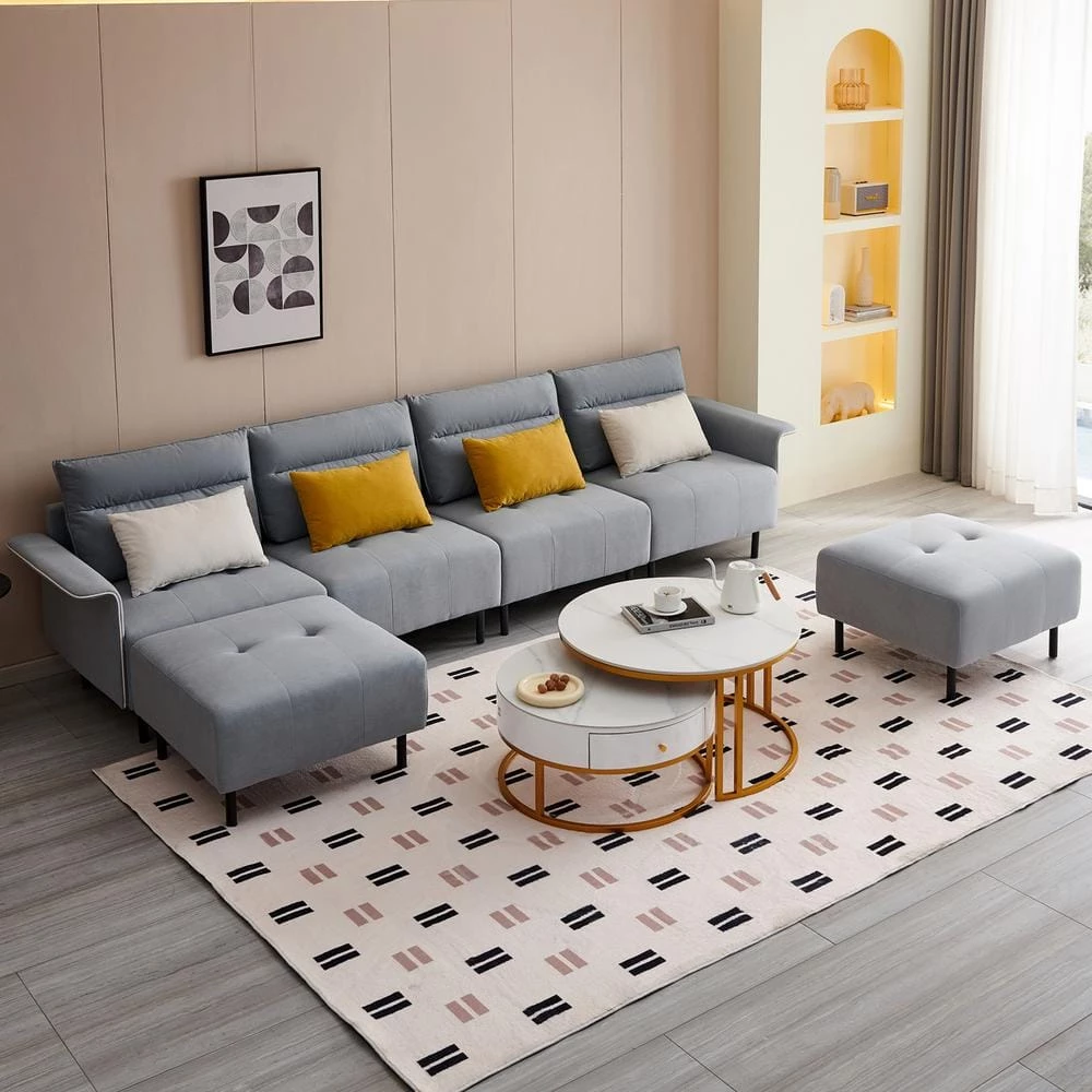 131.5 in.6-Pieces Mid-Century Squared Arm Suede 4-Seats U Shape Sectional Sofa Couch in Light Gray by Magic Home 3 131.5 in.6-Pieces Mid-Century Squared Arm Suede 4-Seats U Shape Sectional Sofa Couch in Light Gray by Magic Home