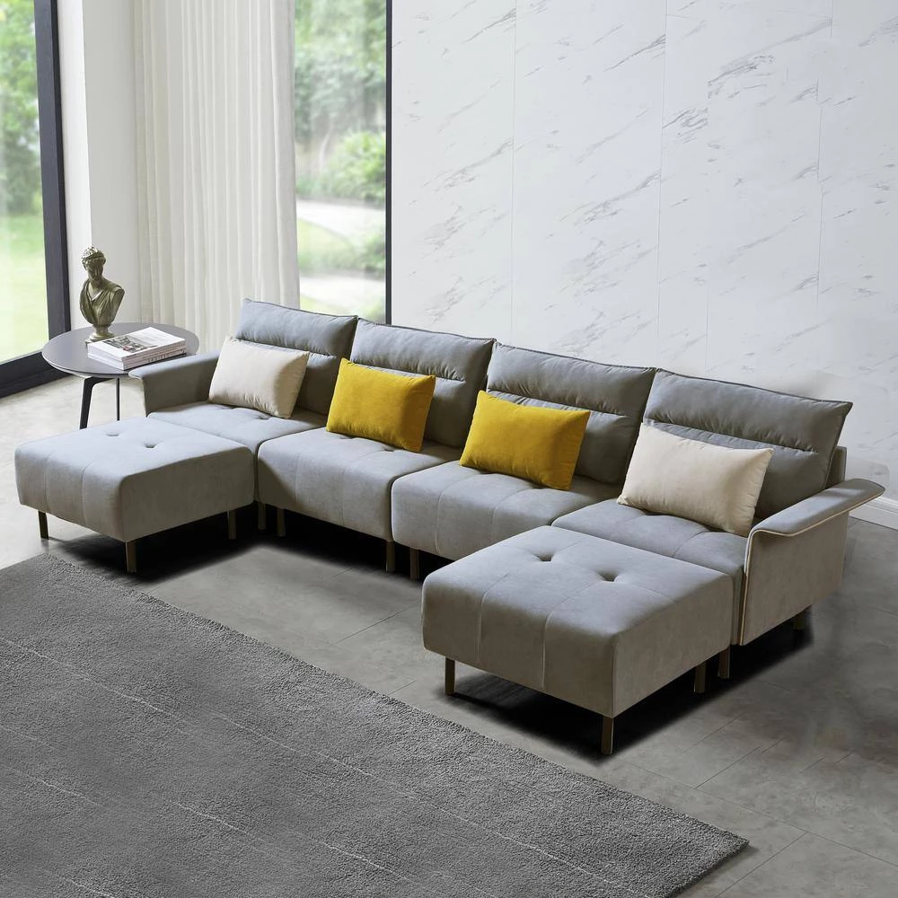 131.5 in.6-Pieces Mid-Century Squared Arm Suede 4-Seats U Shape Sectional Sofa Couch in Light Gray by Magic Home 4 131.5 in.6-Pieces Mid-Century Squared Arm Suede 4-Seats U Shape Sectional Sofa Couch in Light Gray by Magic Home - Image 2