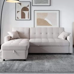 81.9 in. Light Gray Cotton Reversible Sectional Sofa with Sleeper Queen Size Sofa Bed by Magic Home