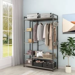 Modern Light Gray Metal Freestanding Garment Rack with 6 Storage Shelves and 6 Hooks by Tidoin -Cheap Tidoin Store light gray tidoin coat racks jhx ydw1 1554 31 1000