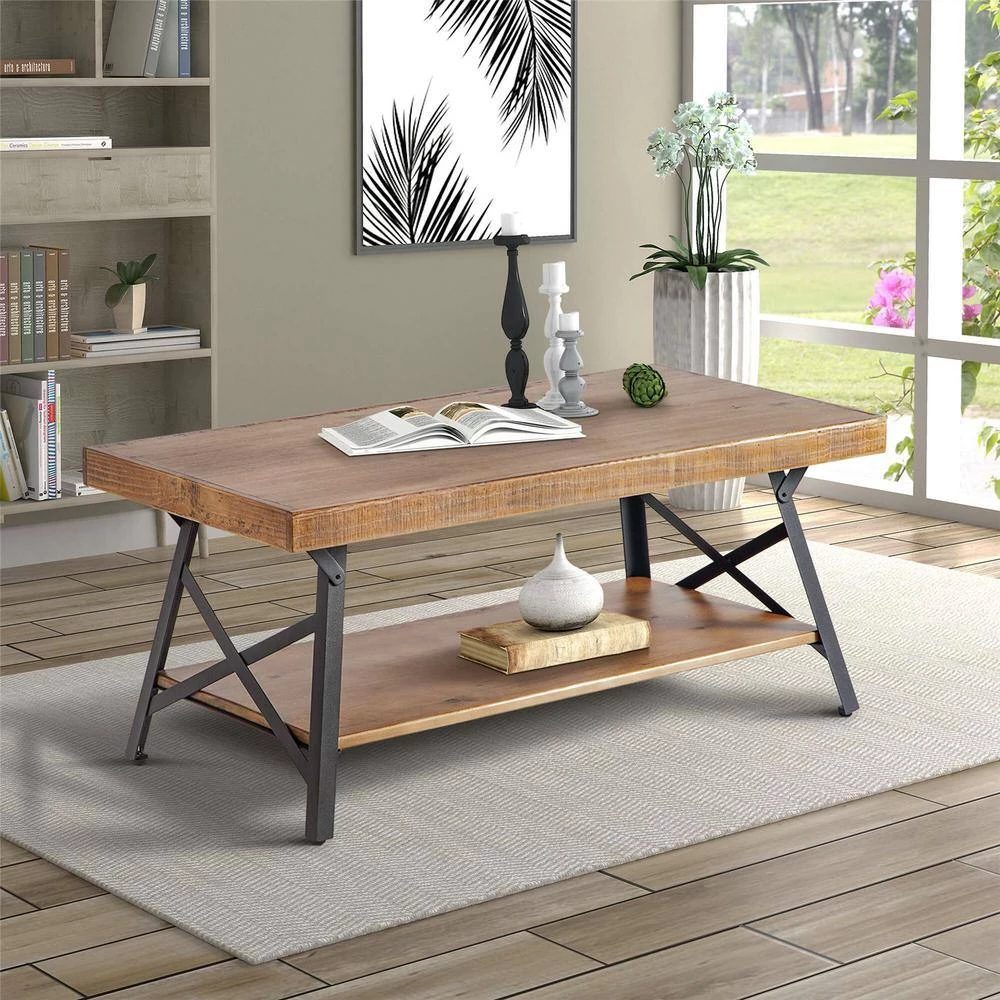 43.3 in. L Light Wood 18.34 in. H Rectangle Solid Wood Rustic Coffee Table with Metal Legs by Magic Home 7 43.3 in. L Light Wood 18.34 in. H Rectangle Solid Wood Rustic Coffee Table with Metal Legs by Magic Home - Image 5