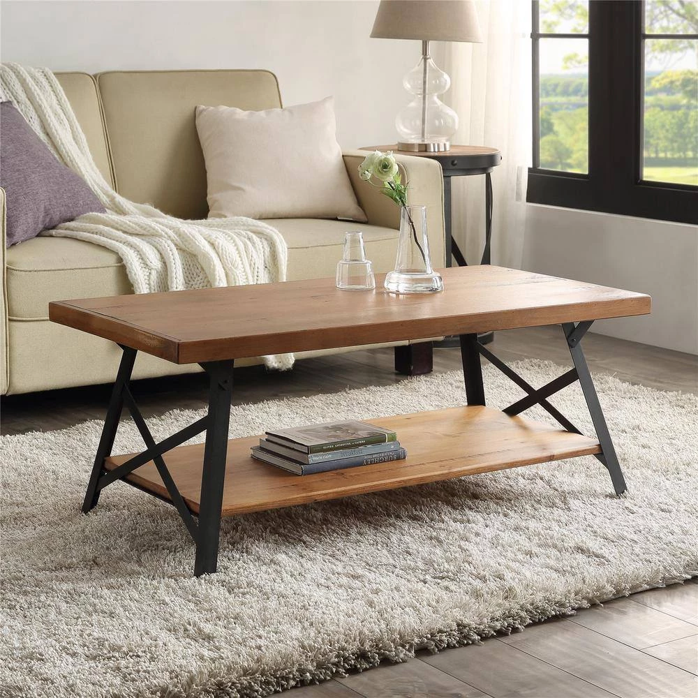 43.3 in. L Light Wood 18.34 in. H Rectangle Solid Wood Rustic Coffee Table with Metal Legs by Magic Home 4 43.3 in. L Light Wood 18.34 in. H Rectangle Solid Wood Rustic Coffee Table with Metal Legs by Magic Home - Image 2