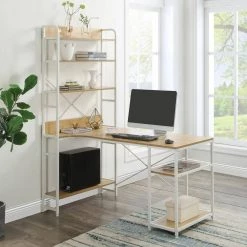 54.3 in. W L-Shape Light Wood Steel Frame and MDF Desktop Computer Desk with 5-Tier Open Bookshelves by Magic Home -Cheap Tidoin Store light wood magic home computer desks cs wf198459aal 31 1000