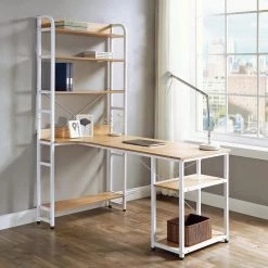 54.3 in. W L-Shape Light Wood Steel Frame and MDF Desktop Computer Desk with 5-Tier Open Bookshelves by Magic Home