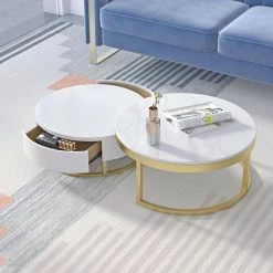 51.9 in. Marble and White Round Nesting Storage Top Wood Coffee Table with Drawers by Magic Home