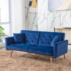 68.11 in. Navy Velvet 2-Seats Loveseats Convertible Sofa Bed with Rose Gold Metal Feet by Magic Home