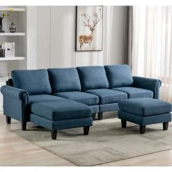 108.66 in. Navy Blue Linen Fabric 4-Seater Accent Sectional Sofa with Two Ottomans by Magic Home