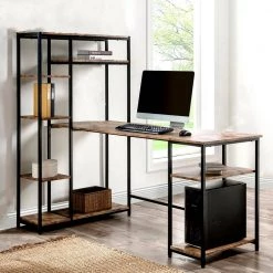 63 in. W L-Shape Brown Color MDF Desktop Solid Steel Frame Computer Desk with Multiple Bookshelf and Storage Space by Magic Home