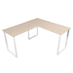 55.11 in. W L-Shape Oak Color MDF Home Office Writing Desk with White Steel Legs by Magic Home