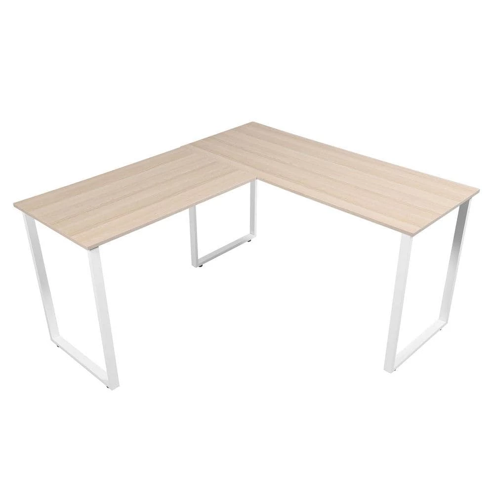 55.11 in. W L-Shape Oak Color MDF Home Office Writing Desk with White Steel Legs by Magic Home 3 55.11 in. W L-Shape Oak Color MDF Home Office Writing Desk with White Steel Legs by Magic Home