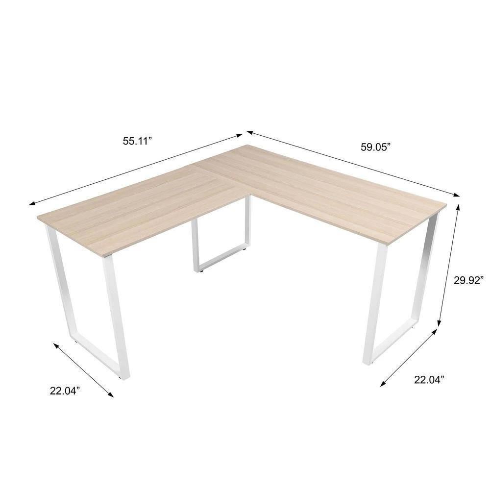 55.11 in. W L-Shape Oak Color MDF Home Office Writing Desk with White Steel Legs by Magic Home 6 55.11 in. W L-Shape Oak Color MDF Home Office Writing Desk with White Steel Legs by Magic Home - Image 4