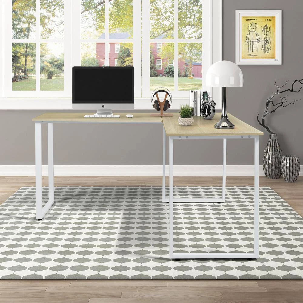 55.11 in. W L-Shape Oak Color MDF Home Office Writing Desk with White Steel Legs by Magic Home 4 55.11 in. W L-Shape Oak Color MDF Home Office Writing Desk with White Steel Legs by Magic Home - Image 2