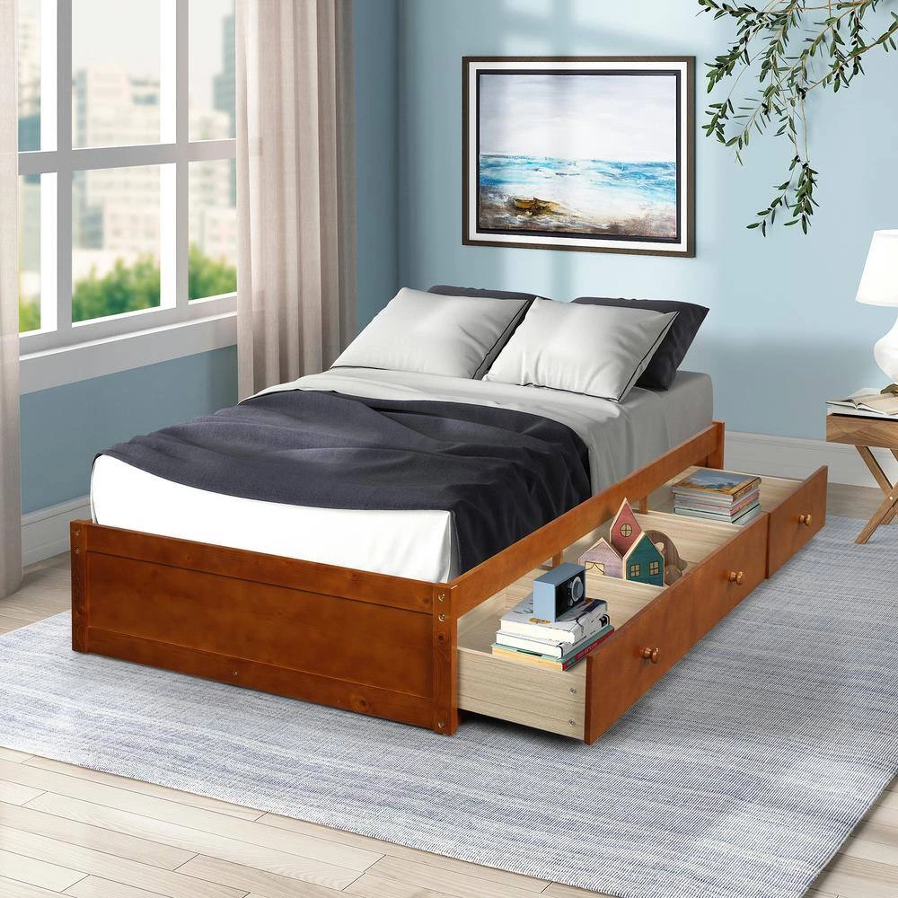 Oak Color Twin Size Platform Storage Bed with 3 Drawers by Magic Home 5 Oak Color Twin Size Platform Storage Bed with 3 Drawers by Magic Home - Image 3