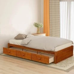 Oak Color Twin Size Platform Storage Bed with 3 Drawers by Magic Home
