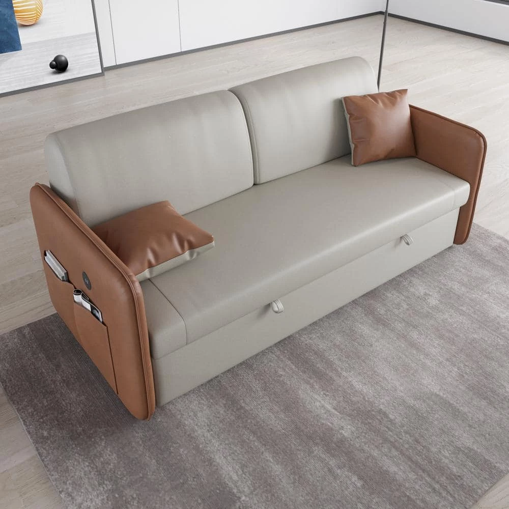 70 in. Orange and White Modern Leathaire Adjustable Backrest Design Pull Out Sleeper Sofa Bed with USB Port and Pockets by Magic Home 9 70 in. Orange and White Modern Leathaire Adjustable Backrest Design Pull Out Sleeper Sofa Bed with USB Port and Pockets by Magic Home - Image 7