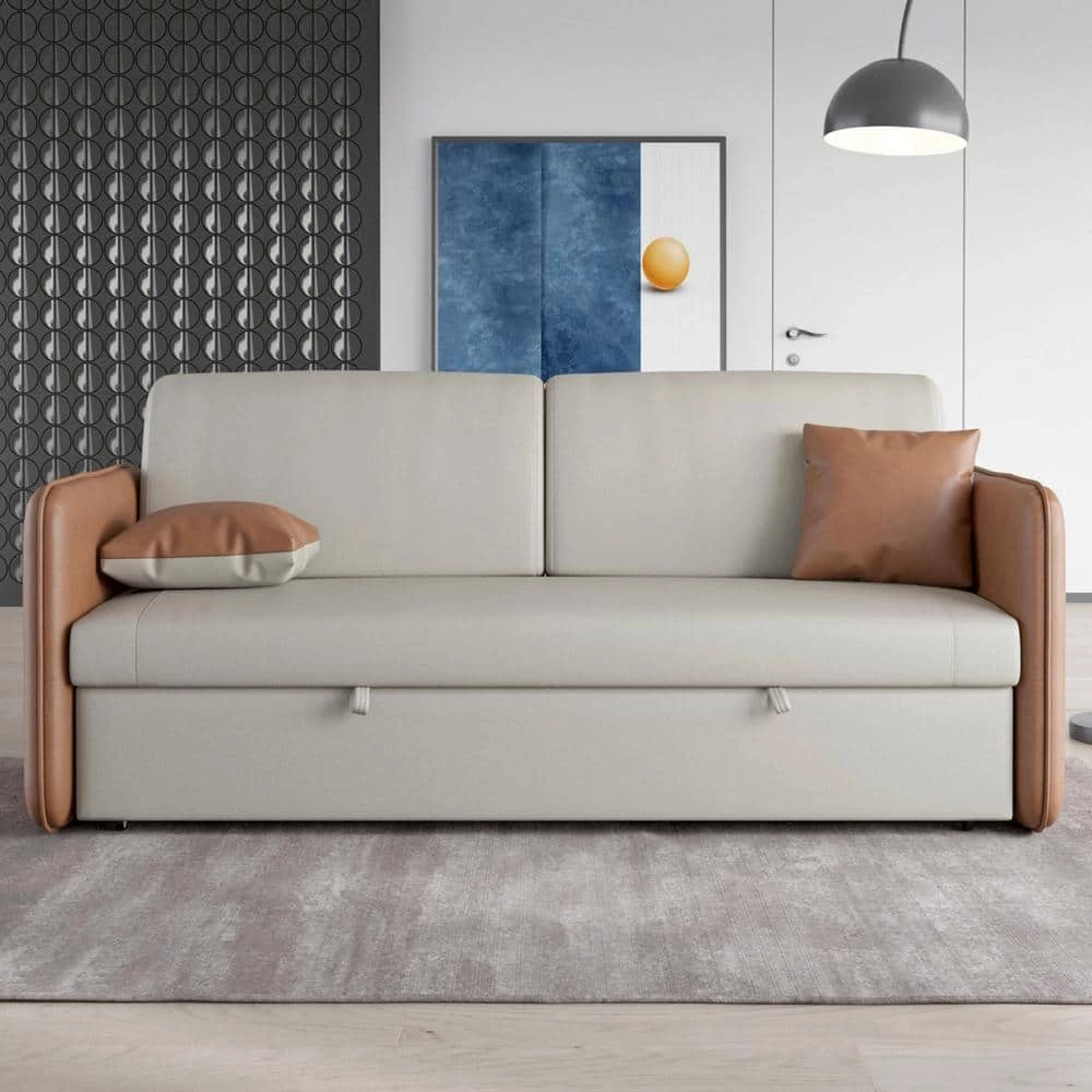 70 in. Orange and White Modern Leathaire Adjustable Backrest Design Pull Out Sleeper Sofa Bed with USB Port and Pockets by Magic Home 4 70 in. Orange and White Modern Leathaire Adjustable Backrest Design Pull Out Sleeper Sofa Bed with USB Port and Pockets by Magic Home - Image 2