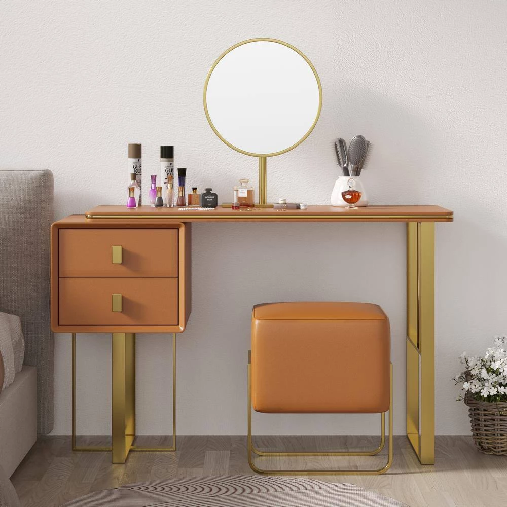 Modern Orange Dresser Makeup Table with Mirror and Stool Bedroom Furniture with 2 Drawers 30 in. x 47 in. x 16 in. by Magic Home 7 Modern Orange Dresser Makeup Table with Mirror and Stool Bedroom Furniture with 2 Drawers 30 in. x 47 in. x 16 in. by Magic Home - Image 6
