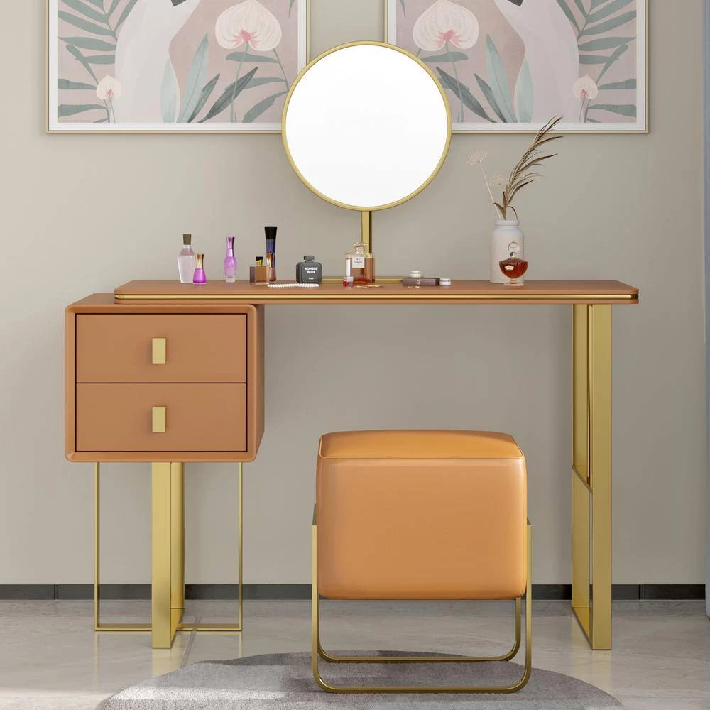 Modern Orange Dresser Makeup Table with Mirror and Stool Bedroom Furniture with 2 Drawers 30 in. x 47 in. x 16 in. by Magic Home 3 Modern Orange Dresser Makeup Table with Mirror and Stool Bedroom Furniture with 2 Drawers 30 in. x 47 in. x 16 in. by Magic Home - Image 2