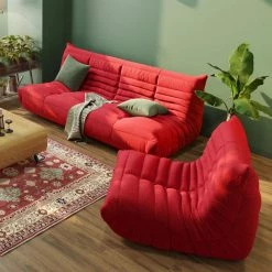 2 Pieces Bean Bag Teddy Velvet Top Thick Seat Living Room Lazy Sofa in Red (1 Seater + 3 Seater) by Magic Home