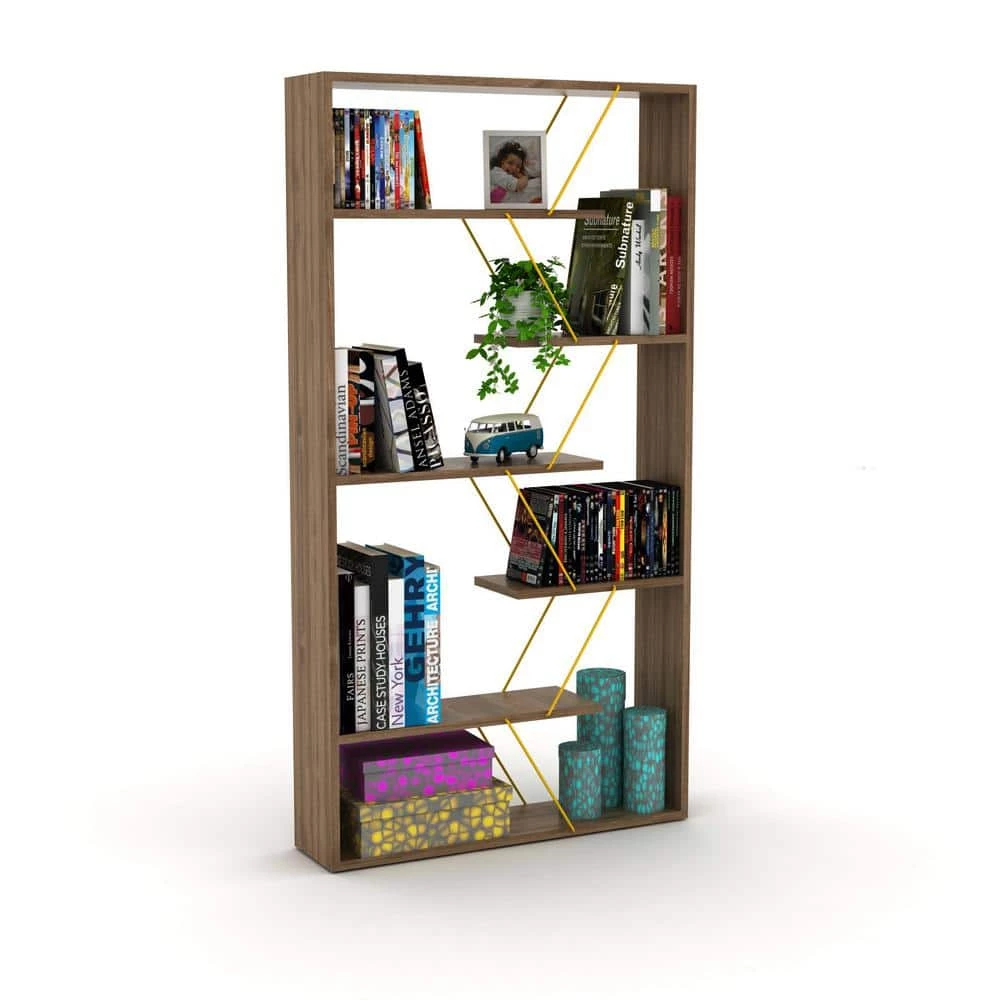 33 in. W x 62 in. H Walnut and Yellow Wood 5 Shelf Standard Bookcase by Tidoin 7 33 in. W x 62 in. H Walnut and Yellow Wood 5 Shelf Standard Bookcase by Tidoin - Image 5