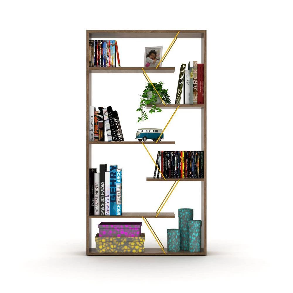 33 in. W x 62 in. H Walnut and Yellow Wood 5 Shelf Standard Bookcase by Tidoin 6 33 in. W x 62 in. H Walnut and Yellow Wood 5 Shelf Standard Bookcase by Tidoin - Image 4