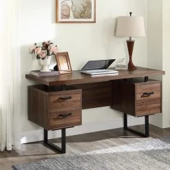 59 in. Retangular Walnut Brown Wood 3 Drawers Home Office Computer Desk Writing Study Table by Magic Home