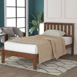 Walnut Color Twin Size Wood Platform Bed with Headboard and Wood Slat Support by Magic Home