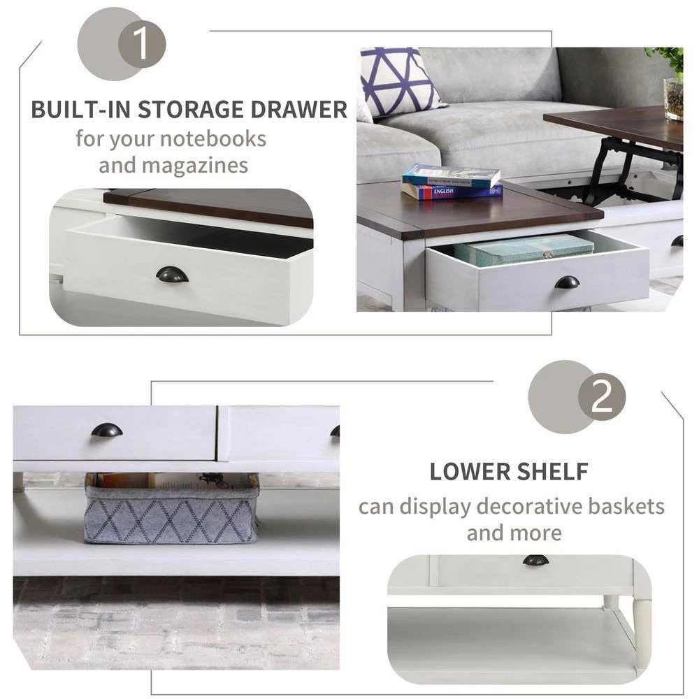 38.2 in. L White and Brown 18 in. H Rectangle Solid Wood Lift Top Coffee Table with 1 Build in Drawer and 1-Shelf by Magic Home 7 38.2 in. L White and Brown 18 in. H Rectangle Solid Wood Lift Top Coffee Table with 1 Build in Drawer and 1-Shelf by Magic Home - Image 5