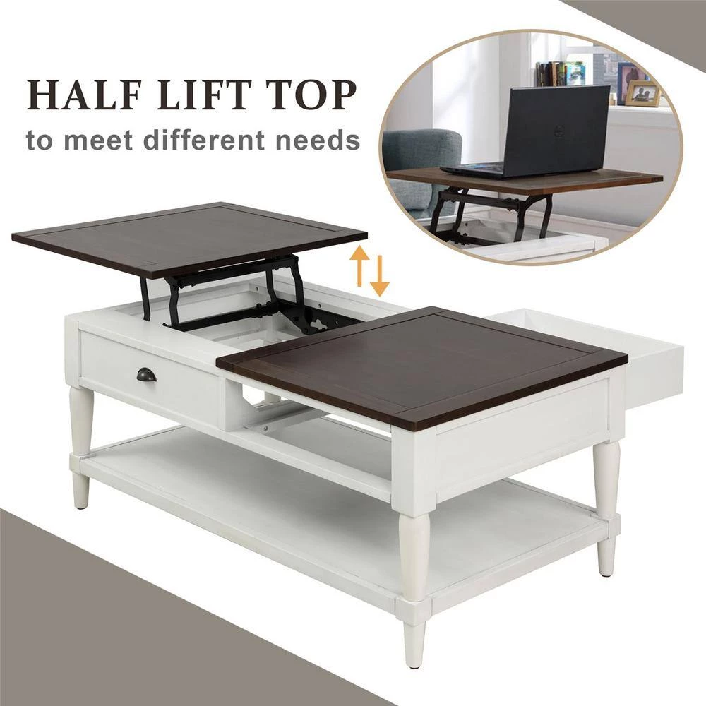 38.2 in. L White and Brown 18 in. H Rectangle Solid Wood Lift Top Coffee Table with 1 Build in Drawer and 1-Shelf by Magic Home 6 38.2 in. L White and Brown 18 in. H Rectangle Solid Wood Lift Top Coffee Table with 1 Build in Drawer and 1-Shelf by Magic Home - Image 4
