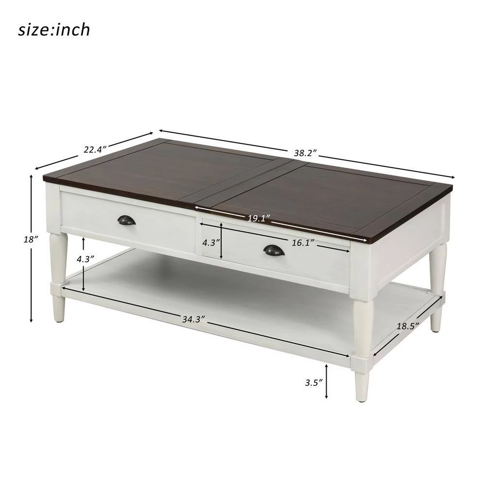 38.2 in. L White and Brown 18 in. H Rectangle Solid Wood Lift Top Coffee Table with 1 Build in Drawer and 1-Shelf by Magic Home 5 38.2 in. L White and Brown 18 in. H Rectangle Solid Wood Lift Top Coffee Table with 1 Build in Drawer and 1-Shelf by Magic Home - Image 3