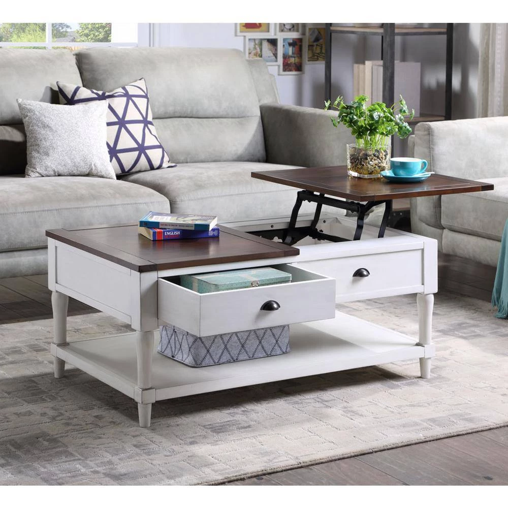 38.2 in. L White and Brown 18 in. H Rectangle Solid Wood Lift Top Coffee Table with 1 Build in Drawer and 1-Shelf by Magic Home 4 38.2 in. L White and Brown 18 in. H Rectangle Solid Wood Lift Top Coffee Table with 1 Build in Drawer and 1-Shelf by Magic Home - Image 2