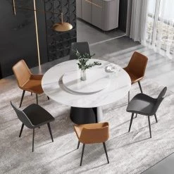 59.05 in. Modern Round White Rotary Lazy Susan Sintered Stone Dining Table with Black Pedestal Carbon Steel Legs by Magic Home -Cheap Tidoin Store white and black magic home kitchen dining tables pv dt012jx03 31 1000
