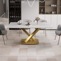 70.87 in. Modern White Rectangular Sintered Stone Dining Table with Gold X-Shaped Carbon Steel Legs by Magic Home -Cheap Tidoin Store white and gold magic home kitchen dining tables mh dtt18w dtl4g 31 1000