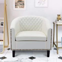 White PU Leather Accent Barrel Chair with Nailheads by Magic Home -Cheap Tidoin Store white magic home accent chairs cs w39526693 31 1000