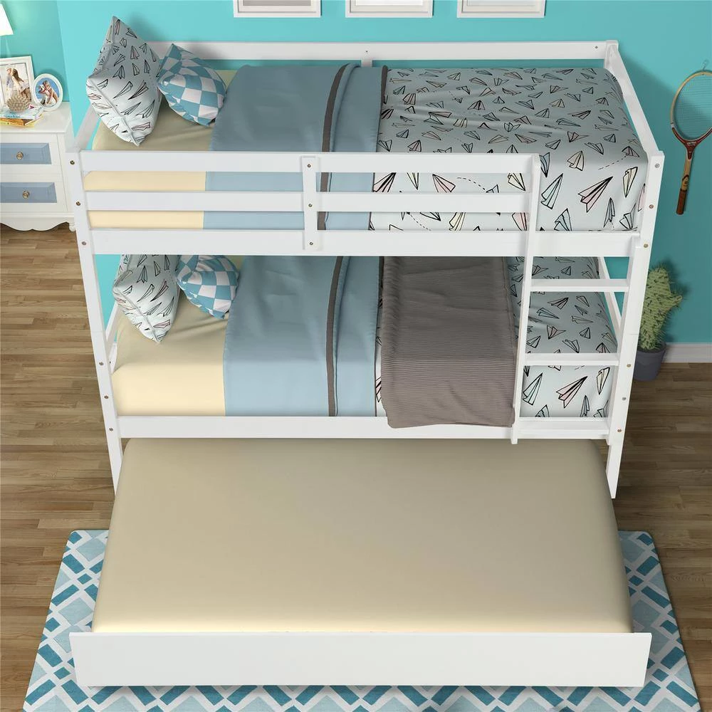 White Solid Wood Twin Over Twin Bunk Bed Daybed with Trundle by Magic Home 6 White Solid Wood Twin Over Twin Bunk Bed Daybed with Trundle by Magic Home - Image 4