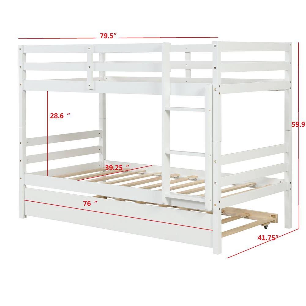 White Solid Wood Twin Over Twin Bunk Bed Daybed with Trundle by Magic Home 5 White Solid Wood Twin Over Twin Bunk Bed Daybed with Trundle by Magic Home - Image 3