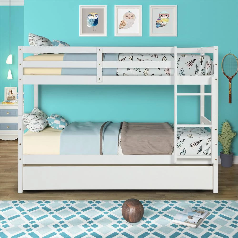 White Solid Wood Twin Over Twin Bunk Bed Daybed with Trundle by Magic Home 4 White Solid Wood Twin Over Twin Bunk Bed Daybed with Trundle by Magic Home - Image 2