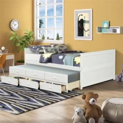 White Full Size Daybed Captain Bed With Twin Size Trundle And 3 Drawers Made By Solid Wood by Magic Home -Cheap Tidoin Store white magic home daybeds cs w697s00002 4f 1000