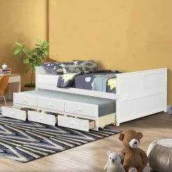 White Full Size Daybed Captain Bed With Twin Size Trundle And 3 Drawers Made By Solid Wood by Magic Home