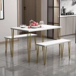 Rustic Farmhouse 3-Piece Dining Table Set Faux Marble Table Top with 2 Iron Frame Benches by Magic Home 15 Rustic Farmhouse 3-Piece Dining Table Set Faux Marble Table Top with 2 Iron Frame Benches by Magic Home -Cheap Tidoin Store white magic home kitchen dining tables cs pp036324daa 31 1000