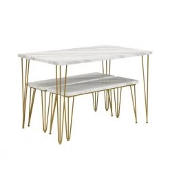 Rustic Farmhouse 3-Piece Dining Table Set Faux Marble Table Top with 2 Iron Frame Benches by Magic Home 12 Rustic Farmhouse 3-Piece Dining Table Set Faux Marble Table Top with 2 Iron Frame Benches by Magic Home -Cheap Tidoin Store white magic home kitchen dining tables cs pp036324daa 4f 1000